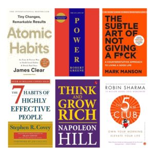Self Help Books Collection (Set of 6) – Atomic Habits, The 48 Laws of Power, The Subtle Art of Not Giving a F*ck, The 7 Habits of Highly Effective People, Think and Grow Rich, The 5AM Club