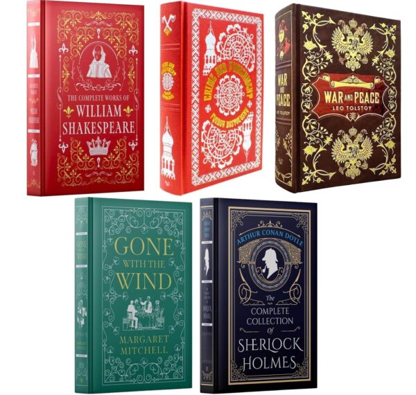Leather Bound Classic Novels & Plays 5 Books Collection Set (Shakespeare, Dostoevsky, Tolstoy, Mitchell and Sherlock Holmes)